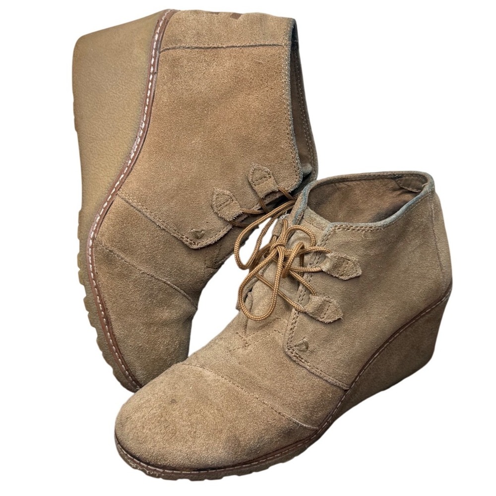 TOMS Kala Desert Wedge Tan Suede Lace Up Ankle Booties Womens 9.5 10010941
